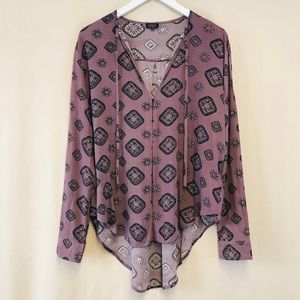Lira Mauve Boho Print Scoop Hem Long Sleeve Blouse